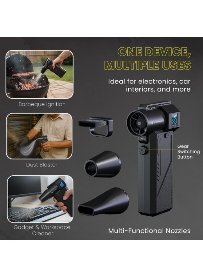 بورترونيكس Portronics Tornado Pro Handheld High-Speed Air Duster, Type-C Rechargeable, 1,30,000 RPM, BLDC Motor, 3 Speed Control, LED Display, Built-in LED Light, Multiple Nozzle Attachments, for Car, PC & Home - Image 5